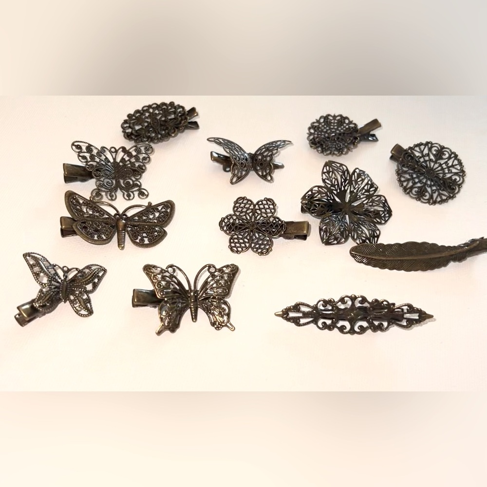 Hair Clips Butterfly Flower Feather Hair Barrettes 12 Piece Set Bronze Tone New - Picture 7 of 16